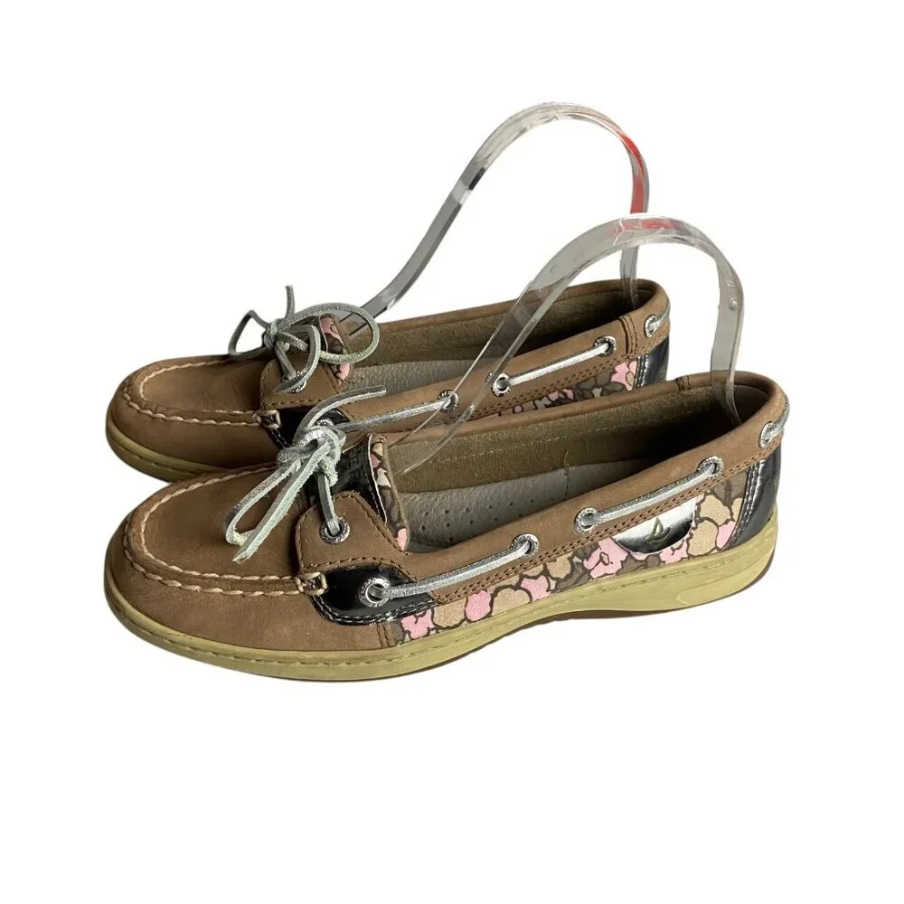 Sperry Top Sider Women's Size 6.5 Boat Shoes Angelfish Leather Tan Pink Floral - Picture 1 of 7